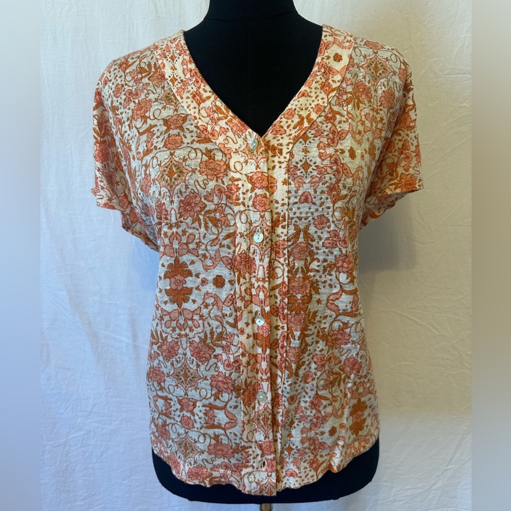 Rachel Zoe 100% Linen Boho Floral Button Front Blouse –‎ XL